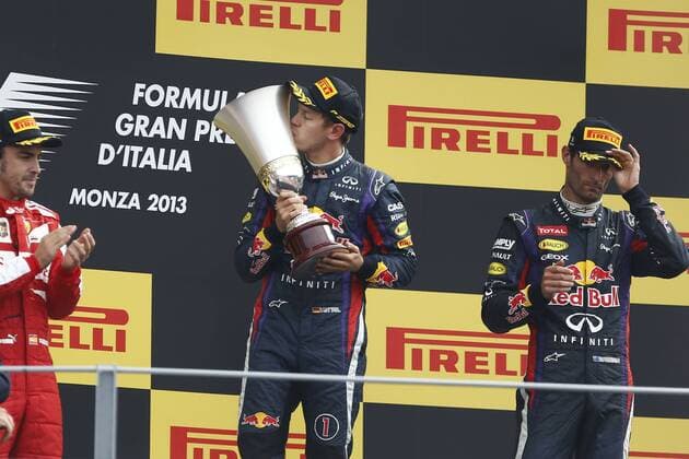 Motorsports: FIA Formula One World Championship 2013, Grand Prix of Italy, 3 Fernando Alonso (ESP, Scuderia Ferrari), 1 Sebastian Vettel (GER, Infiniti Red Bull Racing), 2 Mark Webber (AUS, Infiniti Red Bull Racing), xHOCHxZWEIx