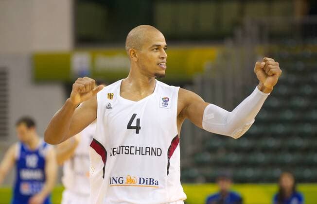 EuroBasket 2022, DBB, Historie, EM - Historie Basketball Ljubljana 09.09.2013 Eurobasket 2013 Europameisterschaften der Herren Vorrunde Deutschland (GER, weiß) - Israel (ISR, blau) Alex King (Deutschland, No.04) Jubel