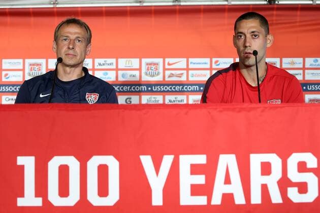 09 September 2013: United States head coach Jurgen Klinsmann (GER) (left) with captain Clint Dempsey (right). The United States Men s National Team held a Press Conference and Training Session at Columbus Crew Stadium in Columbus, Ohio one day before playing in a CONCACAF World Cup Qualifying Final Round match for the 2014 FIFA World Cup. SOCCER: SEP 09 United States Press Conference Icon20408880 EDITORIAL USE ONLY