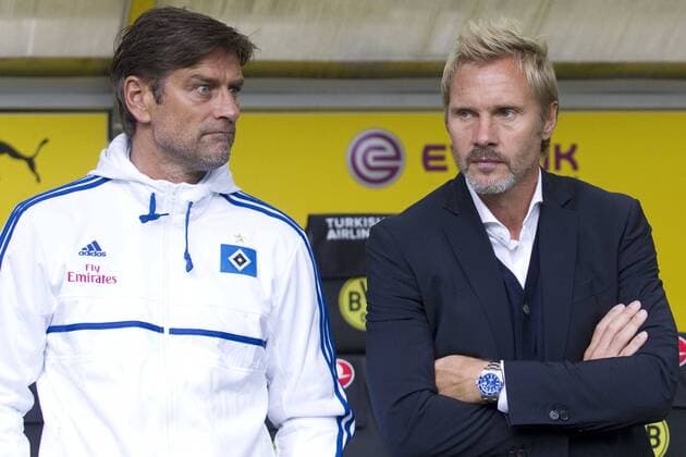 Sportlicher Leiter Oliver KREUZER (HH) li. und Trainer Thorsten FINK (HH) re. Fussball 1. Bundesliga, 5. Spieltag, Borussia Dortmund (DO) - Hamburger SV (HH) 6:2, am 14.09.2013 in Dortmund Deutschland.