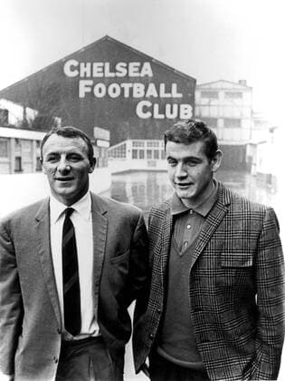 Joe Baker, Arsenal and England centre forward is pictured with Chelsea manager Tommy Docherty at Stamford Bridge where Baker will sign for Chelsea in a reported Â£70,000 fee. 31st January 1966.  UnitedArchives00455484