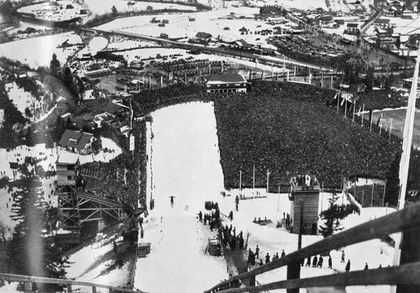 View from the top of the tower at the Olympic ski jump. 130,000 spectators. Â  UnitedArchives00797857