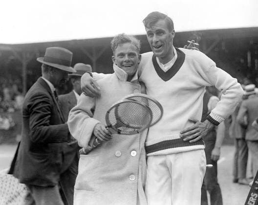 Mens Singles Tennis Finals at Wimbledon , 1921 American , Bill Tilden , and his opponent , South African , Brian Norton embrace  UnitedArchives00906207
