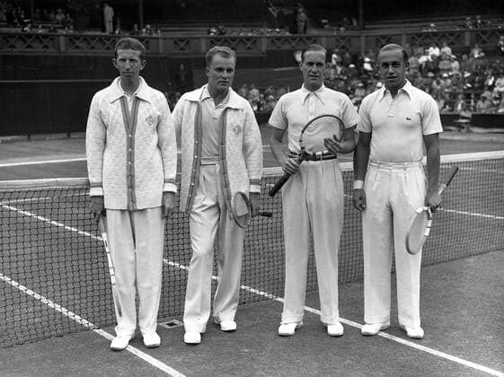 Donald Budge and Gene Mako , the Americans who are the Wimbledon doubles Champions , defeated Baron Gottfried von Cramm and Henner Henkle of Germany in the double of the Davis Cup inter-zone final at Wimbledon , England 19 July 1937  UnitedArchives00999956