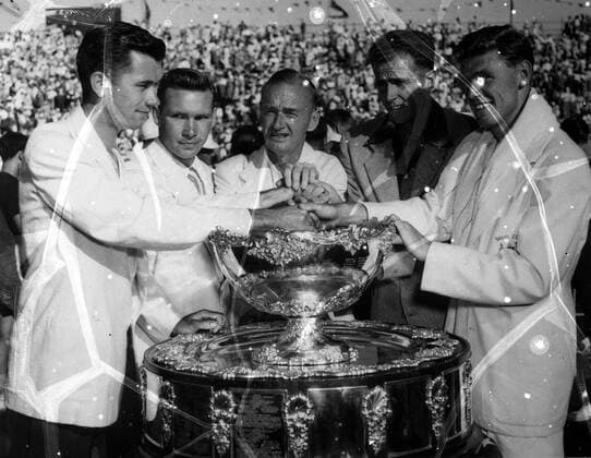Retaining the Davis Cup after beating the United States by three matches to twoat the White City , Sydney , Australia , members of the Australian team team shake hands over the cup . LtoR Mervyn Rose ; Ian Ayre ; Harold Hopman ; Ken McGregor and Frank Sedgman . 3 January 1952  UnitedArchives00999972