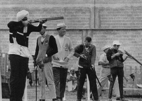 Randhir Singh of India draws a bead on a clay pigeon during Olympic trap shooting in the 19th Olympic Games 19 October Mexico City 1968  UnitedArchives01006494