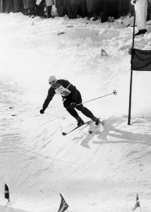 1956 Winter Olympic Games - Cortina D Ampezzo, Italy In the astounding time of 3 minutes and 1 tenth of a second, Ausatrian skier Anton Sailer swerves a gate in the snow as he wins the men s giant slalom event at the Seventh Winter Olympic Games at Cortina d Ampezzo. 31 January 1956 - Â  UnitedArchives01026123