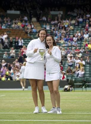 The Championships Wimbledon 2012 Wimbledon Day 13 Sunday 08 07 2012 Lindsay Davenport of USA and Martina Hingis of Switzerland in action against Martina Navratilova of USA and Jana Novotna of Czech Republic at Wimbledon Ladies Invitation Final. Credit: Jon Buckle Professional AELTC  UnitedArchives01264713
