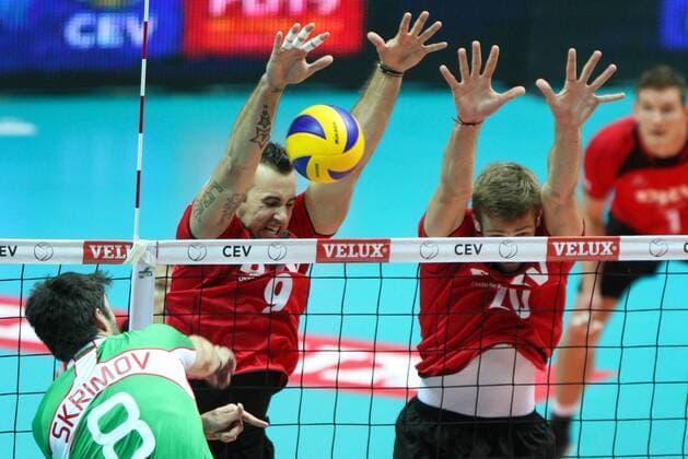21.09.2013, Gdynia - Eurovolley 2013, Germany - Bulgaria, Todor Skrimov (BUL), Gyorgy Grozer, Philipp Collin (GER), - ZUMAc04