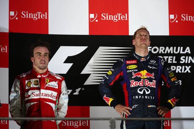 22.09.2013- Podium: Sebastian Vettel (GER) Red Bull Racing RB9 (race winner), Fernando Alonso (ESP) Scuderia Ferrari F138 (2nd position) and Kimi Raikkonen (FIN) Lotus F1 Team E21 (3rd position) 