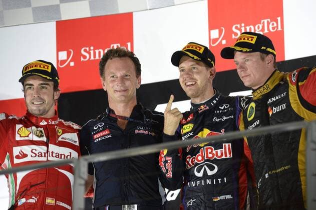 Fernando Alonso (Scuderia Ferrari), Christian Horner (Teamchef Red Bull Racing), Sebastian Vettel (Red Bull Racing), Kimi Räikkönen (Lotus F1 Team) Formel 1 GP Singapur 2013 Formel 1 Grand Prix Singapur 2013