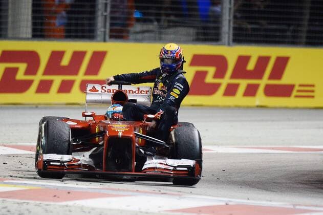 Singapur F1 GP race at Marina Bay street circuit. In this picture, Webber and Vettel at podium. xRUBIOx  RV RACING PRESS