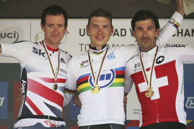 RADSPORT - Straßen-WM 2013 Florenz - 25.09.2013, Einzelzeitfahren Elite, Zweiter Sir Bradley Wiggins (GBR), Weltmeister Tony Martin (GER), Dritter Fabian Cancellara (SUI), -