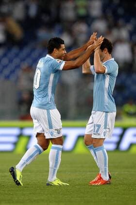 Ederson Lazio con Bruno Pereirinha. . 25-09-2013 2013 2014 Serie A Lazio Rom vs Catania Calcio Foto AntoniettaxBaldassarre Insidefoto AntoniettaxBaldassarre