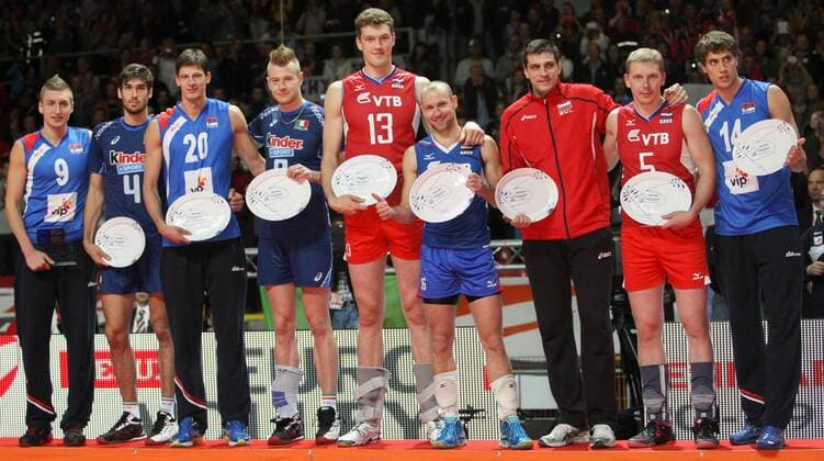 European Championship, medal ceremony, Nikola Jovovic (SRB), Luca Vettori (ITA), Srecko Lisinac (SRB), Ivan Zaytsev (ITA), Dmitriy Muserskiy (RUS), Alexey Verbov (RUS), Todor Nikolaev Aleksiev (BUL), Sergey Grankin (RUS), Aleksandar Atanasijevic (SRB), beste Spieler 
