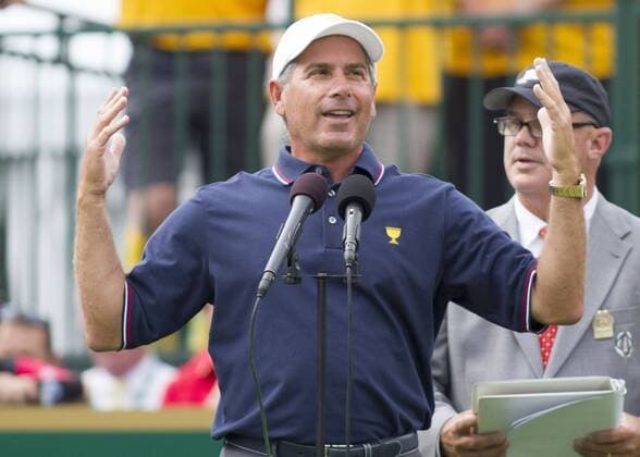 03 October 2013: United States Team Captain Fred Couples addressing the fans during the day one of The Presidents Cup at Muirfield Village GC in Dublin, Ohio GOLF: OCT 03 PGA Golf Herren - The Presidents Cup - Day One Icon131003010 EDITORIAL USE ONLY