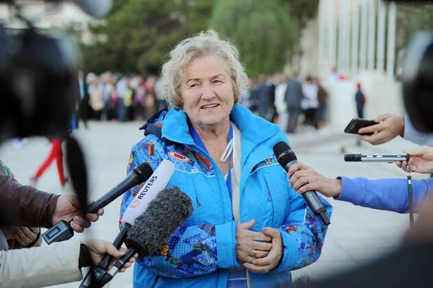 ITAR-TASS: ATHENS, GREECE. OCTOBER 5, 2013. Russia s Olympic gold medal-winning speedskater Lidia Skoblikova talks to reporters during a ceremony at the PanathinaikoStadium to pass on Olympic flame to Russian officials for the Sochi 2014 Olympic Torch Relay. The flame was traditionally lit in Olympia, the original site of the classical Olympic Games.  RE12B8A1
