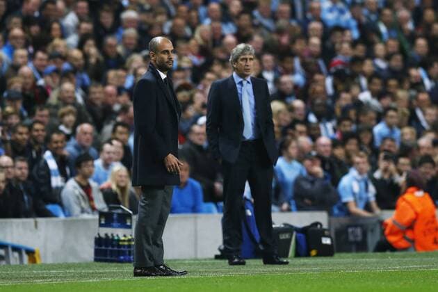 Josep Guardiola (Bayern), Manuel Pellegrini (Man.C), OCTOBER 2, 2013 - Football Soccer : UEFA Champions League Group D match between Manchester City 1-3 FC Bayern Muenchen at Etihad Stadium in Manchester, England. NoxThirdxPartyxSales  (oqma011283)