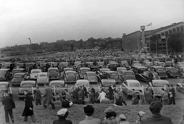 Football - 1953 FA Cup Final - Blackpool 4 Bolton Wanderers 3 A packed car park at Wembley. 02 05 1953 