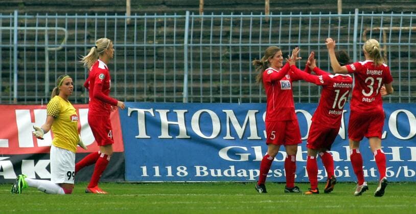 10.10.2013 Budapest(Hungary) WFC MTK Hungaria-1. FFC Turbine Potsdam UEFA Women s Champions League Maren Mjelde (3rd from right) with Natasa Andonova(2nd from right) 1. FFC Turbine Potsdam celebrate first goal on the match beside Reka Szocs (L) WFC MTK Hungaria goalkeeper : 