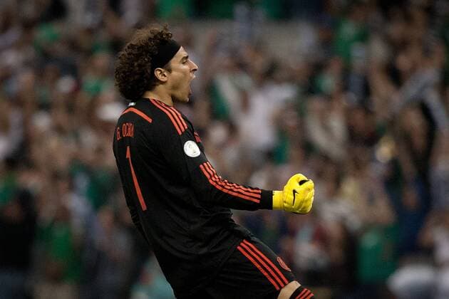 Mexico s goalkeeper Guillermo Ochoa celebrates at the end of the qualifiers match of the World Cup Brazil 2014 against Panama at the Azteca Stadium, in Mexico City, Mexico, on Oct. 11, 2013. Mexico won the match 2-1. (Xinhua Pedro Mera) (sp) (xyf) (SP)MEXICO-MEXICO CITY-SOCCER-2014 WORLD CUP-QUALIFYING-MEXICO VS PANAMA 