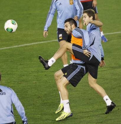Spain s national team training session. In this picture, Alvaro Negredo and Inigo Martinez. xPABLOGARCIAx 