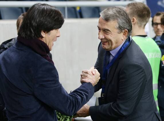 Stockholm , Fußball Länderspiel Schweden vs. Deutschland von links: Trainer Joachim Löw Wolfgang Niersbach ( DFB Präsident )