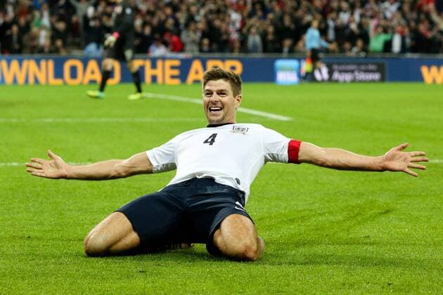 England s Steven Gerrard (captain) celebrates scoring England s 2nd goal - England v Poland - 2014 Fifa World Cup Qualifier - London - Wembley - England - 15 10 2013 - Pic Charlie Forgham-Bailey Sportimage EDITORIAL USE ONLY. No use with unauthorised audio, video, data, fixture lists, club league logos or live services. Online in-match use limited to 120 images, no video emulation. No use in betting, games or single club league player publications.