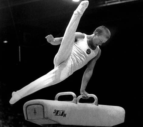 Olympic Games 1980 Moscow, USSR. Nikolai Andrianov of USSR during the mens gymnastic competition on the side-horse. Andrianov was a four time gold medalist in Montreal. 22nd July 1980. kbdig 2000 quadrat 