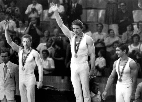 Olympic Games 1980 Moscow, USSR Alexander Dityatin wins the gold medal in the men s gymnastic all round competition with Nikolai Andrianov of USSR second and Stoyan Deltchev of Bulgaria third. 24th July 1980. kbdig 2000 quer 
