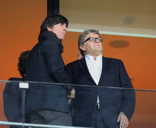 V.li. Bundestrainer Joachim Löw (GER) , Jürgen B. Harder (Lebensgefährte von Franziska van Almsick) und Ex-Mercedes-Sportchef Norbert Haug . 1899 Hoffenheim-Bayer 04 Leverkusen. Sinsheim, GER, 18.10.2013 , 9. Spieltag Fussball-Bundesliga 2013-2014.
