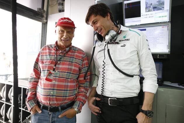 Motorsports: FIA Formula One World Championship 2013, Grand Prix of India, Niki Lauda (AUT, Mercedes AMG Petronas F1 Team), Toto Wolff (AUT, Mercedes AMG Petronas F1 Team), xHOCHxZWEIx