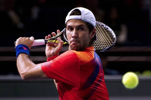 PARIS, Oct. 2013 - Fernando Verdasco of Spain returns the ball during the first turn of the BNP Paribas 2013 Masters Tennis tournament in Paris, France, on Oct. 28, 2013. Verdasco won 2-0. (Xinhua Etienne Laurent) (SP)FRANCE-PARIS-ATP-MASTERS TENNIS 