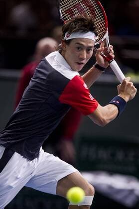 PARIS, Oct. 2013 - Kei Nishikori of Japan returns the ball during the first day of the BNP Paribas 2013 Masters Tennis tournament in Paris, France, on Oct. 28, 2013. Nishikori won 2-0. (Xinhua Etienne Laurent) (SP)FRANCE-PARIS-ATP-MASTERS TENNIS 