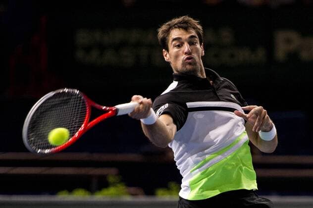 PARIS, Oct. 2013 - Jeremy Chardy of France returns during the first round of the BNP Paribas 2013 Masters Tennis tournament in Paris, France, on Oct. 29, 2013. Chardy lost 0-2. (Xinhua Etienne Laurent) (SP)FRANCE-PARIS-ATP-MASTERS TENNIS 