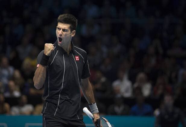 05.11.2013 London, England. Novak Djokovic SRB celebrates a break of serve in his match at the ATP World Tour Finals at the O2 Arena London. Novak Djokovic SRB won the match 6-4, 6-7, 6-2. xStephenxBartholomewx  ActionPlus11467786