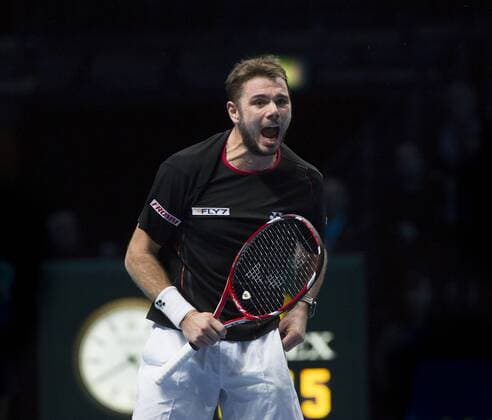 08.11.2013 London, England. Stanislas Wawrinka SUI shows his emotions after the winning point in his match on day 5 of The ATP Tennis Herren World Tour Finals 2013, Tennis Tournament at the O2 Arena London. xStephenxBartholomewx  ActionPlus20166061