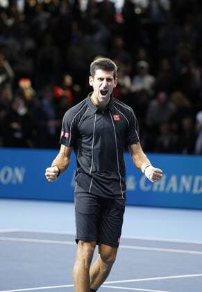 11.11.2013. O2 stadium, London, England. Novak Djokovic (SRB) celebrates after victory in his men s singles Final match during Final day of the Barclays ATP Tennis Herren World Tour Finals at The O2 Arena. during the Barclays ATP Tennis Herren World Tour Finals from the O2 Arena. xHongboxChenx  ActionPlus20155364