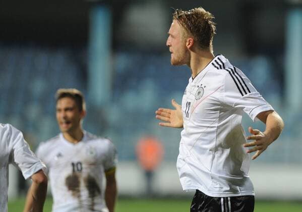 15.11.2013 Podgorica(Montenegro) Montenegro - Germany Uefa U21 Euro qualifiers men s football Philipp Hofmann(r) Germany celebrate goal :Stringer 