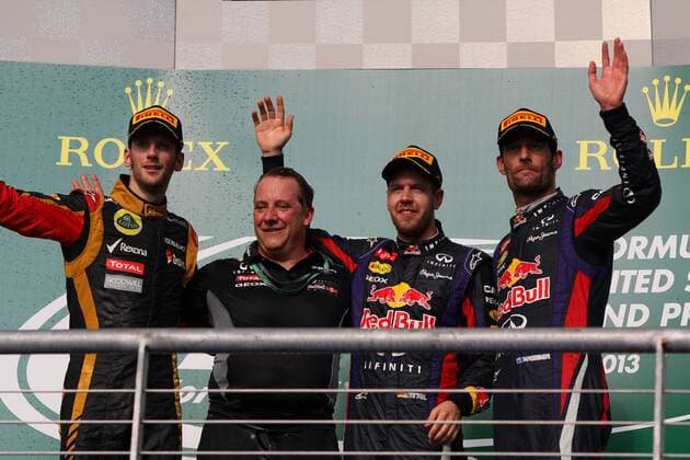 Sebastian Vettel; Red Bull Racing, Sieg Nr.7 in Folge vor Romain Grosjean, Lotus F1 Team, und Mark Webber, Red Bull Racing, formula 1 GP, USA in Austin Circuit of The Americas, 17.11.2013, Sebastian Vettel; Sieg Nr.7 in Folge Romain Grosjean, Mark Webber, formula 1 GP, USA,