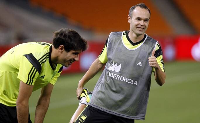 Javi Martinez - Andres Iniesta. Spain s national team training session in South Africa. In this picture, Javi Martinez and Iniesta. xPABLOGARCIAx 