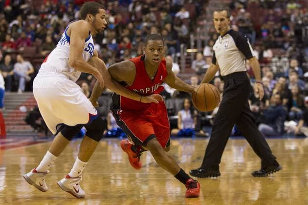 November 20, 2013: Toronto Raptors point guard Kyle Lowry (7) in action against Philadelphia 76ers point guard Michael Carter-Williams (1) during the NBA Basketball Herren USA game between the Toronto Raptors and the Philadelphia 76ers at the Wells Fargo Center in Philadelphia, Pennsylvania. The Raptors win 108-98. (Christopher Szagola Cal Media) NBA Basketball Herren USA 2013: Raptors vs 76ers NOV 20 - ZUMAcs7