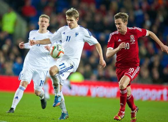 PROPAGANDA20131116 Football - soccer: friendly international match, Wales - Finland, Finland s Riku Riski in action against Wales during the International Friendly match at the Cardiff City Stadium. (Hinweis: Verwendung nur in Deutschland, Österreich oder Schweiz - only Germany, Austria and Switzerland) xHOCHxZWEIx xPropagandax 