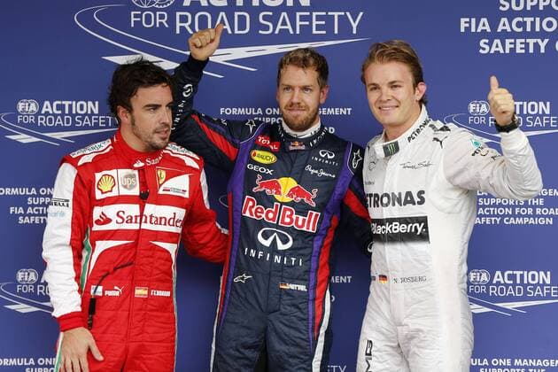 Motorsports: FIA Formula One World Championship 2013, Grand Prix of Brazil, 3 Fernando Alonso (ESP, Scuderia Ferrari), 1 Sebastian Vettel (GER, Infiniti Red Bull Racing), 9 Nico Rosberg (GER, Mercedes AMG Petronas F1 Team), xHOCHxZWEIx