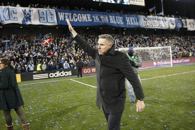Nov. 23, 2013 - November 23, 2013: Head coach Peter Vermes of Sporting KC celebrates the victory over the Houston Dynamo during the MLS Fussball Herren USA semi-final on November 23, 2013 at Sporting Park in Kansas City, Kansas. MLS Fussball Herren USA 2013: Dynamo vs Sporting KC NOV 23 - ZUMAc04