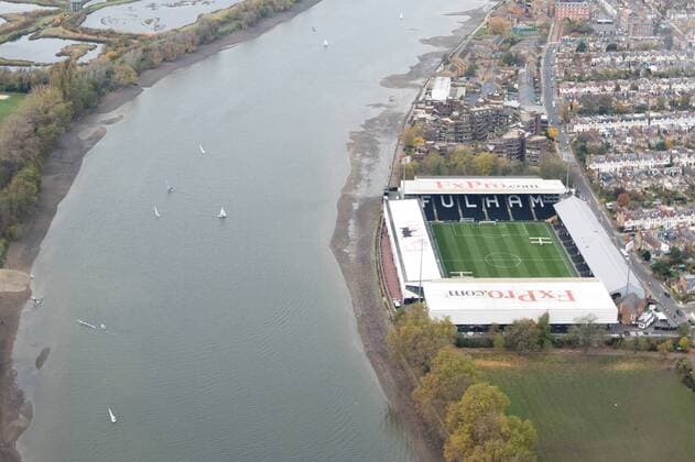 Aerial shot of Craven Cottage Football Stadium - home of Fulham FC. EDITORIAL USE ONLY. No use with unauthorised audio, video, data, fixture lists, club league logos or live services. Online in-match use limited to 120 images, no video emulation. No use in betting, games or single club league player publications.