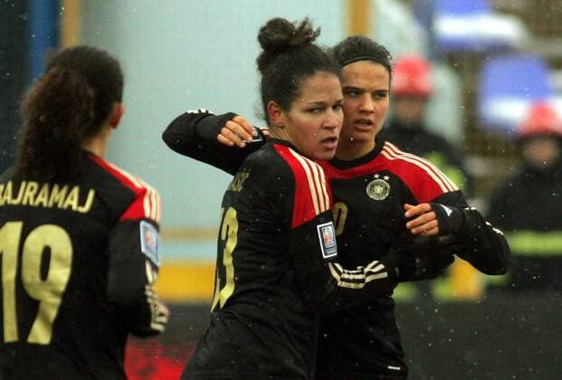 27.11.2013 Osijek(Croatia) Croatia-Germany FIFA World Cup qualify women football Celia Sasic(c) with Dzsenifer Marozsan(r) Germany celebrate second goal on the match : 
