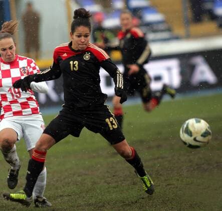 27.11.2013 Osijek(Croatia) Croatia-Germany FIFA World Cup qualify women football Celia Sasic(r) Germany and Sandra Zigic(L) Croatia : 