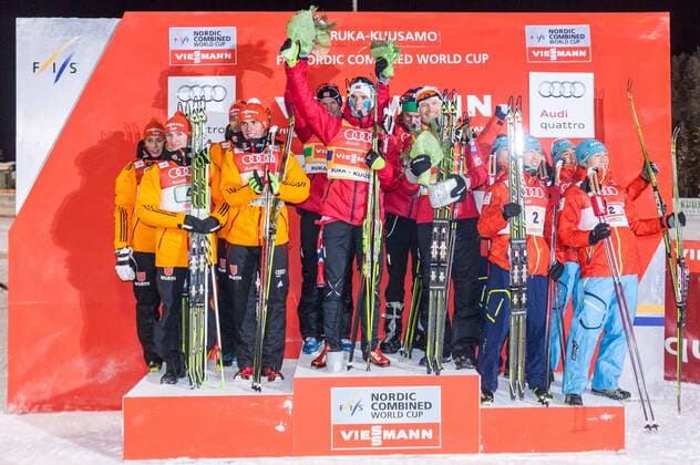 01.12.2013, Nordic Arena, Kuka, FIN, FIS Ski Nordisch Weltcup, Nordische Kombination, Langlauf, im Bild Podium, Teams von Deutschland, Norwegen und Japan Podium, Team of Germany, Norway and Japan during the mens FIS Nordic Combined World Cup Cross Country of the Nordic Opening at the Nordic Arena in Kuka, Finland on 2013 12 01. Foto: EIBNER EP_FEICHT_JFK E