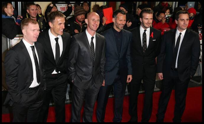 L to R Class of 92 Paul Scholes, Phil Neville, Nicky Butt, Ryan, Giggs, Dsavid Beckham, Gary Neville, arriving at the The Class of 92 premiere in London, Sunday, 1st December 2013. Picture by Stephen Lock i-Images StephenxLockx xi-Images  IIM-0959-0041